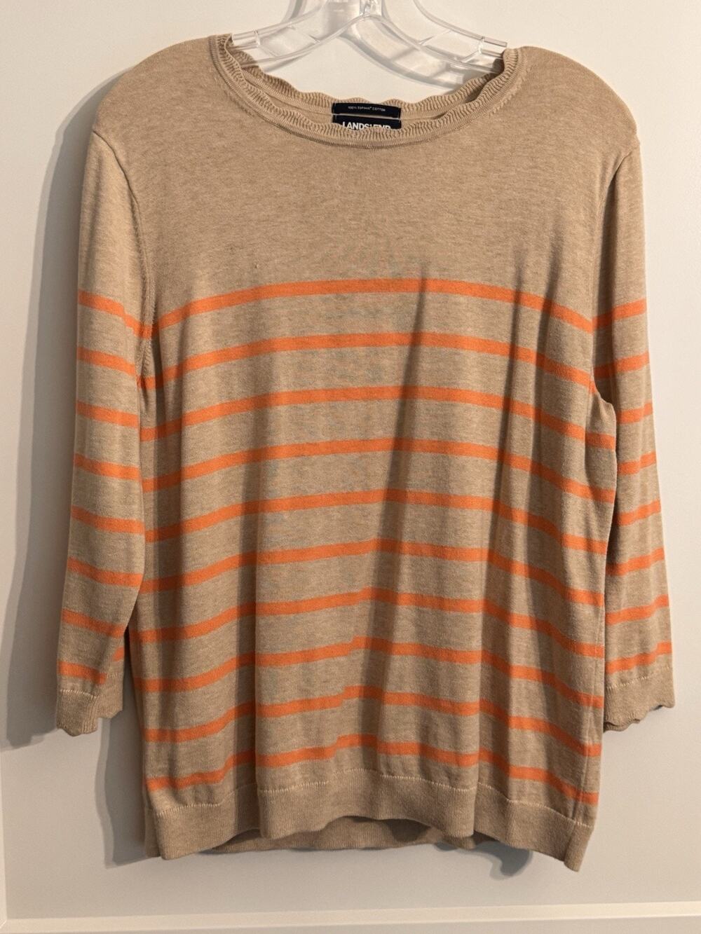 Lands End Cotton 3/4 Sleeves Brow Orange Striped Sweater Sz XL preppy Academia